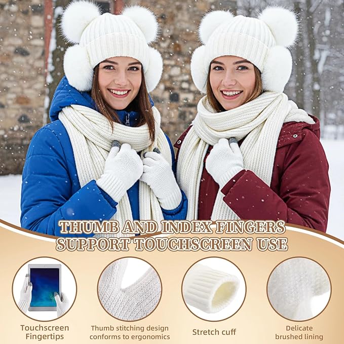 Geyoga 6 Pcs Winter Warm Fleece Knit Hat Long Scarf Touchscreen Gloves Ear Muffs Socks Sets, Winter Warm Gifts for Women