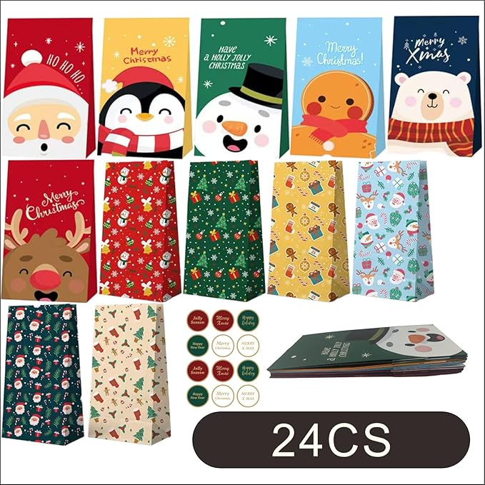 UrLLssMo 24 Pcs Christmas Gift Bags Bulk, Hand-Drawn Illustration Style Paper Gift Bags for Christmas, 12 Designs Holiday Party Favor Bags with No Handle (8.8”x4.8”x3.2”).