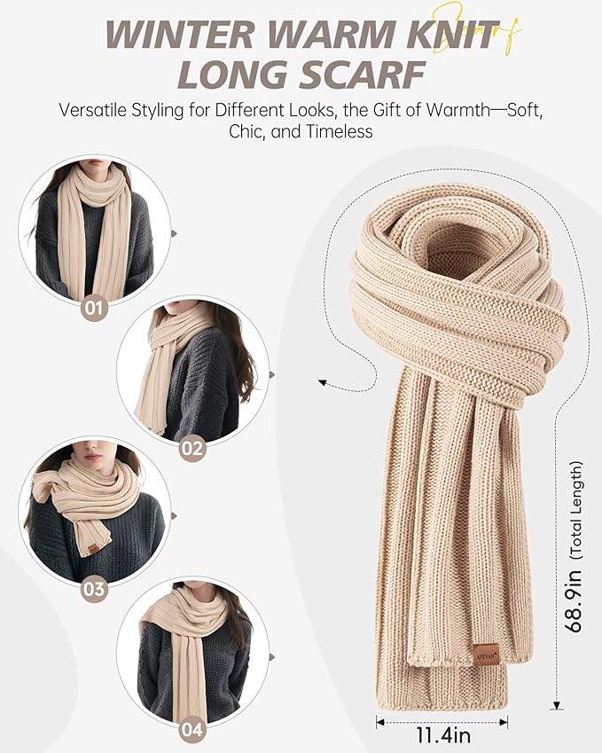 Winter Hat Gloves Scarf Earmuffs Set for Women, Fleece Lined Beanie Long Scarf Touchscreen Gloves Ear Warmer, 4 in 1 Gift Set