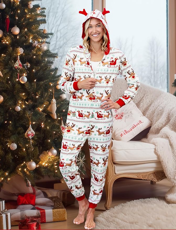 PATPAT Matching Family Christmas Onesie Pajamas – Holiday Hooded Jumpsuit Sleepwear PJs Couples Xmas Loungewear with Socks