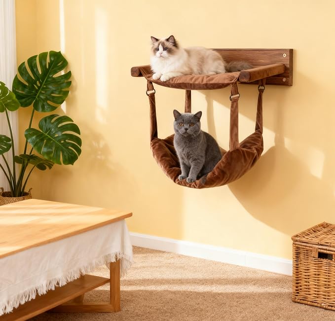 JSPYFITS Wooden Cat Furniture Wall Mounted, Double Layer Hammock, Large Size 18.9″ Removable Multi-Function Cat Bed for Sleep/Play/Climb, Kitten Window Perch, Easy DIY Installation(Brown)