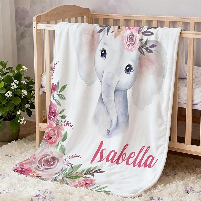 Personalized Elephant Rose Baby Blankets, Custom Baby Blanket with Name for Baby Girl, Newborn Baby Girls Blankets Custom, 30"x40"