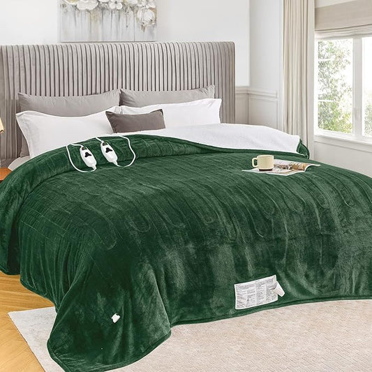 greenoak Heated Blanket Electric Queen Size 84"X90" Dual Control, Heating Blankets with 10 Levels 8 Hours Auto-Off, Soft Sherpa Fluffy House Warming Gifts for Grandma Seniors Momt,Jade Green