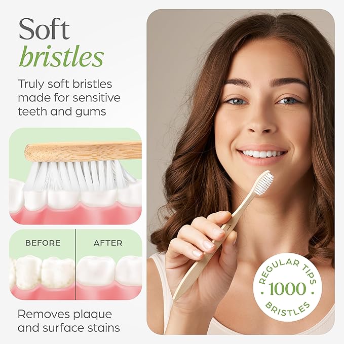 Bamboo Toothbrushes 10 Pack – Natural Toothbrushes, Plant-Based Soft Bristles – Eco-Friendly Wooden Toothbrush