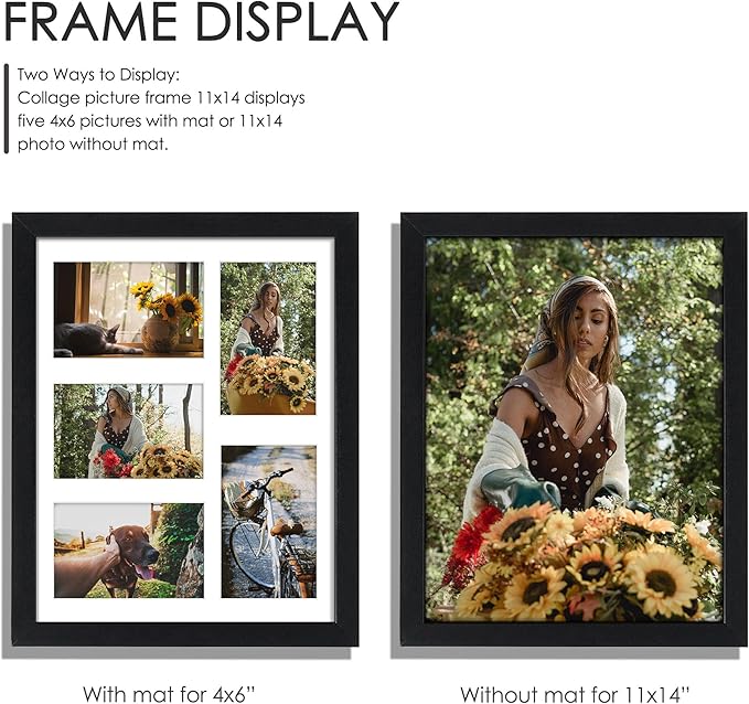 11x14 Collage Picture Frame, 4x6 Collage Picture Frame, Displays Five 4x6 inch Photos, or 11x14 (Without Mat) Wall Decor Wall Hanging or Tabletop, Black.