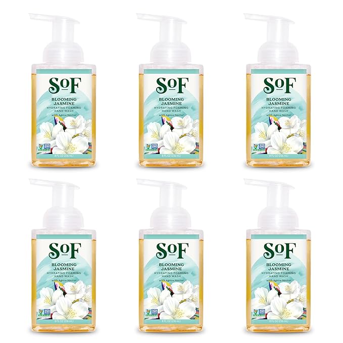 SoF Hydrating Foaming Hand Wash - With Organic Agave Nectar & Coconut Oil- Vegan & Non GMO- Free From Phthalates, Sulfates & Parabens- Blooming Jasmine - 8 oz Bottle 6 Pack