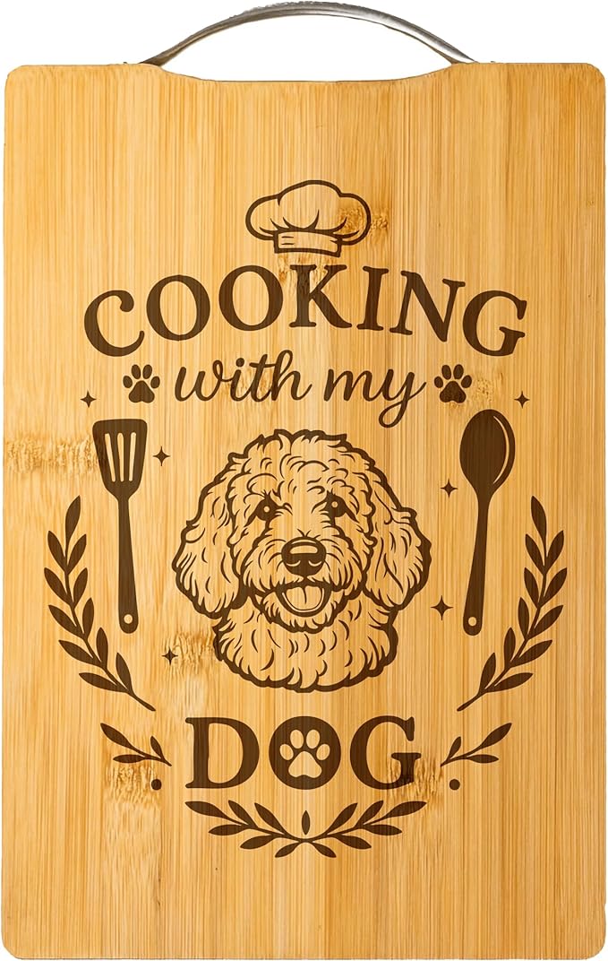 Bamboo Cutting Board, Personalized Dog Lover Gift, Handmade Kitchen Decor – Cooking with My Dog (Golden Doodle)