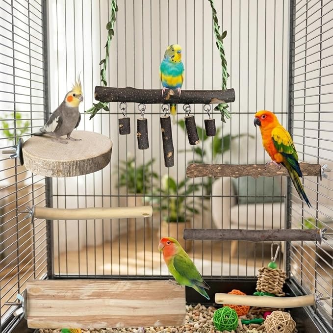 Bird Perch Set, 6 Pack Natural Apple Wood Cage Accessories with Platforms & Swing for Parakeets, Cockatiels, Conures, Budgies, for Climbing, Chewing & Exercise