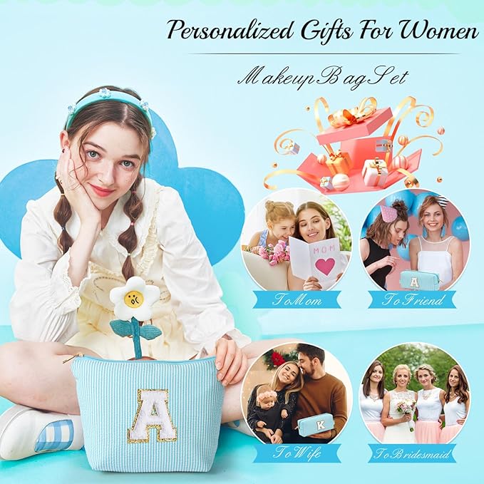YOOLIFE Makeup Bag for Girls Teen Girl, 2 Pieces Monogram Make Up Bag | Makeup Pouch | Beauty Bag Personalized Friend Sister Wife Wedding Bride Stocking Stuffers for Girls Teen Daughter Sister S