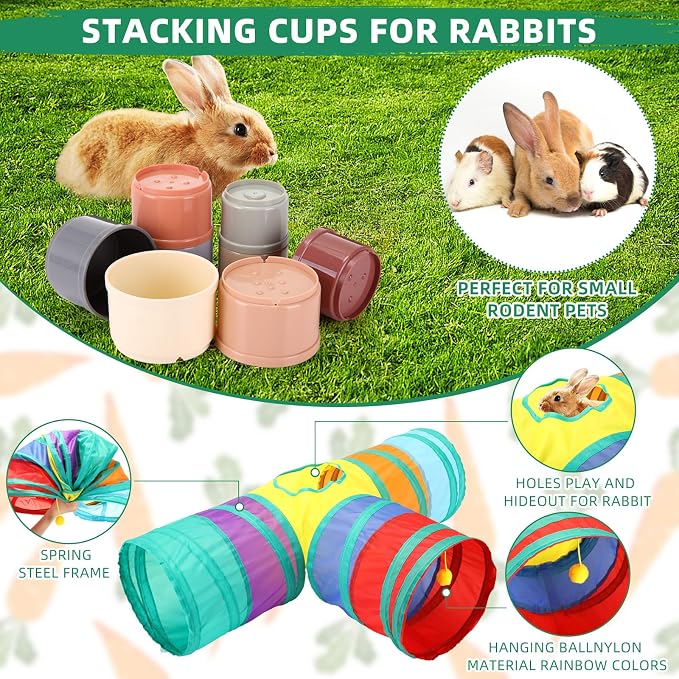 34 Pcs Rabbit Starter Kit Rabbit Litter Box Small Animal Water Bottle Cups Bunny Tunnels Animal Grooming Kit Bowl Blanket with Cleaning Set for Guinea Pig Bunny(Style 1,Light Pink)