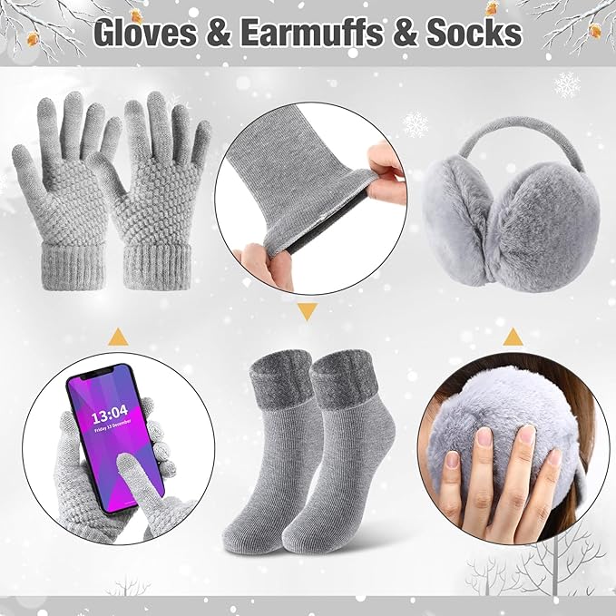 SATINIOR 5 Pcs Winter Hat Scarf Gloves Set Fleece Warm Lined Knit Beanie Hat Touch Screen Earmuff Gloves Warmer for Women(Gray,Vivid Style)