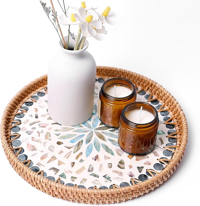 Round Rattan Tray with Mother of Pearl Inlay & Wooden Base - Decorative Wicker Serving Tray for Coffee/Bread/Fruits, Food Storage & Display - Multipurpose Home Decor (M,Blue Shells)