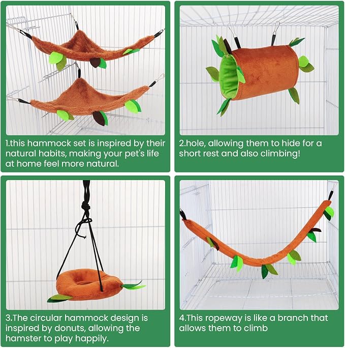 Hamster Hammock 5 Pcs Sugar Glider Nest Hanging Tunnel Swing Jungle | Small Animal Plush Warm Bed, Squirrel Guinea Pig Rat Sleeping Cage Accessories, Soft Fleece Hammock Pet Playing Toy