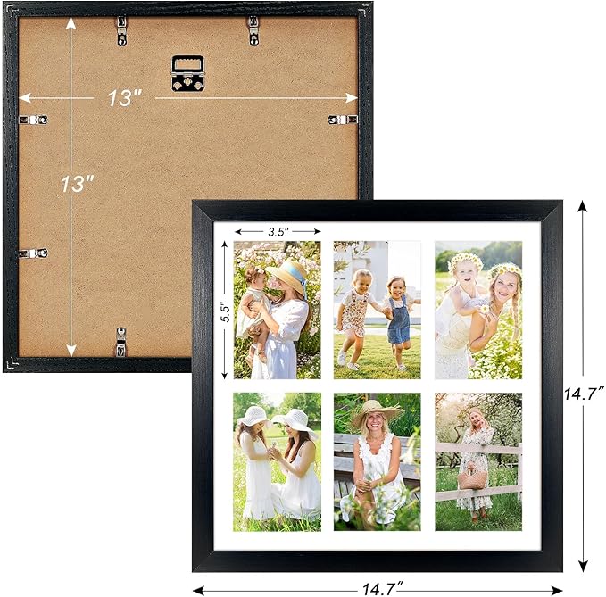 13x13 Collage frame with 6 Openings 4X6 Pictures, Multiple Picture Frame with Mat, Wall or Tabletop Decor, Black Wood Grain,2 Pack