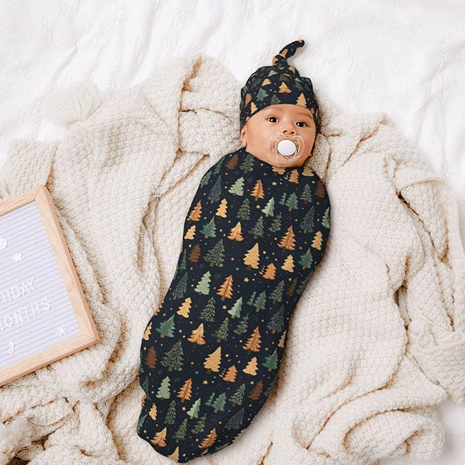 Christmas Baby Swaddle Blanket and Hat Set for Newborn Boys Girls Soft Infant Wrap Sleep Christmas Gold Tree