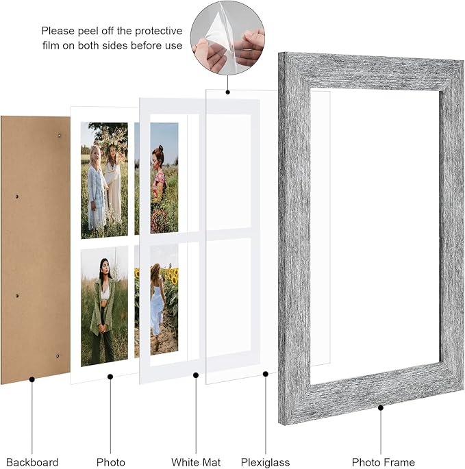 9x13 Picture Frame Display 4 opening 4X6 Picture Frame Collage,Multi Photo Frame with Mat,Plexiglass,Wall or Tabletop Decor,Grey Wood Grain