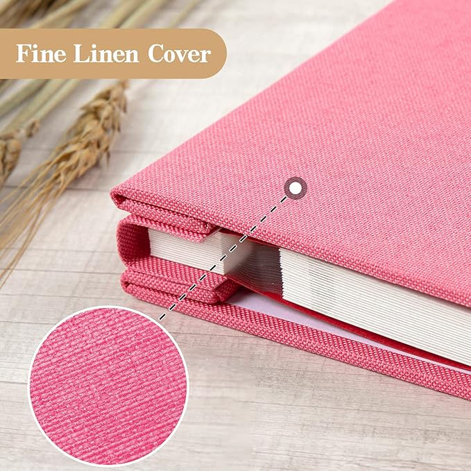 potricher Large Photo Album Self Adhesive 3x5 4x6 5x7 8x10 10x12 Pictures Linen Cover 40 Blank Pages Magnetic DIY Scrapbook Albums with A Metallic Pen (Pink)