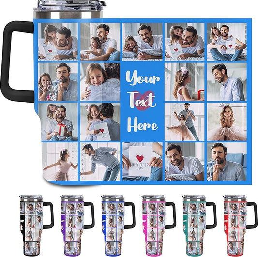 Personalized Tumbler Custom Vacuum Insulated Travel Mug Customizable Coffee Cup with Your Photos and Text Christmas Birthday Gift (18 Photos+Text)