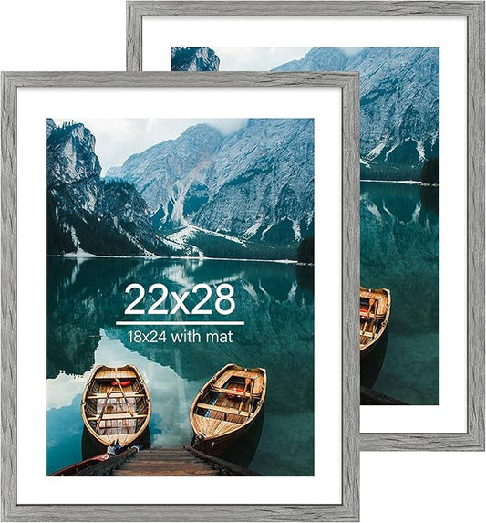 22x28 Frame Set of 2, Rustic Grey Wood Style - Display 18x24 Picture Frame with Mat or 22 x 28 Poster Frame without Mat, Wall Mounting Horizontal and Vertical