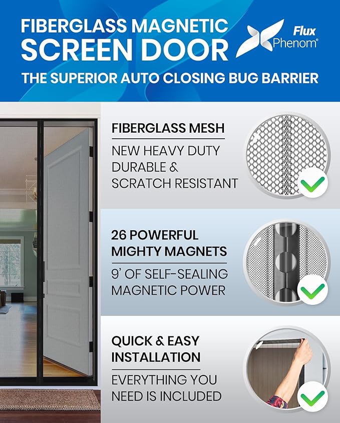 Flux Phenom Magnetic Screen Door - Bugs Out, Breeze in - 9min Install Auto-Sealing Heavy Duty Double Stitched Mesh, 52 Magnets, Hands Free Sliding & Patio Doors Net, Pet & Kid Friendly, 38 x 82 Inch