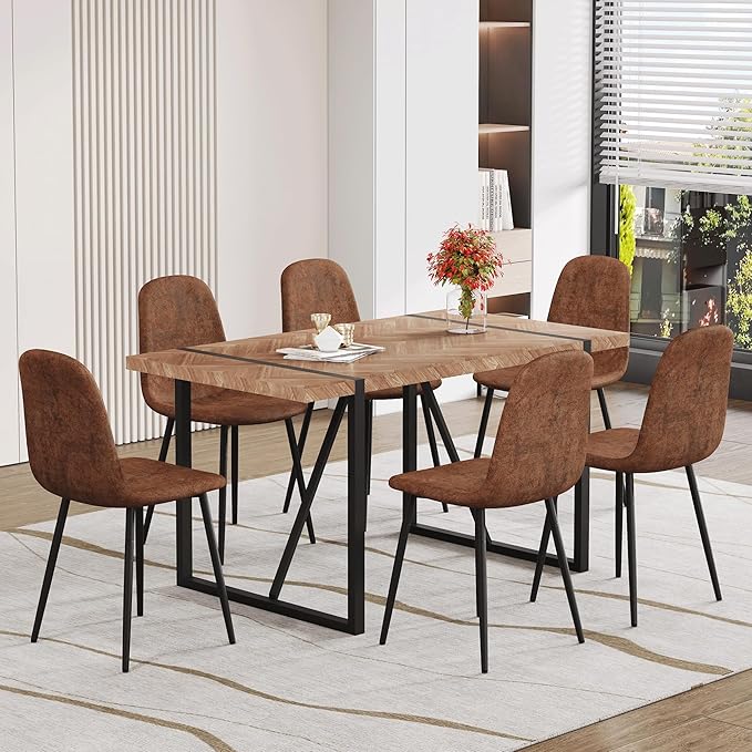 Dinner Table Set for 6, Modern 55'' Wood Dining Table with Fabric Dining Chairs Set of 6,Dining Room Sets for 6,Ideal for Dining Kitchen Room