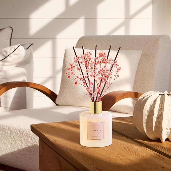 Cocorrína Premium Reed Diffuser Set with Preserved Baby's Breath & Cotton Stick Sandalwood Rose | 6.7oz Scent Fragrance Oil Diffuser for Bedroom Bathroom Home Décor