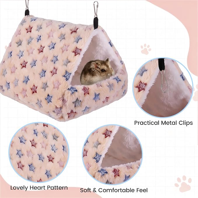MCEAST 4 Pieces Small Pets Cage Accessories Hanging Hammock Sleeping Bag Tunnel and Bed Hideout Set Warm Sleep Nap Sack Bed for Hamster Ferret Squirrel Rabbit, Light Brown and Gray Stars