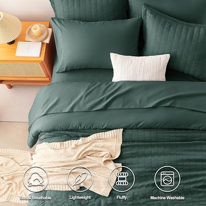 CozyLux King Size Comforter Set Forest Green Seersucker 7 Pieces Bed in a Bag King Comforter Set with Sheets, Luxury Bedding Set with Down Alternative Comforter, Sheets, Pillowcases & Shams All Season