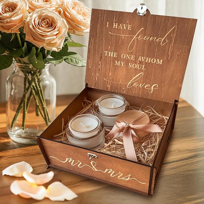 AerWo Wedding Keepsake Box, Wooden Storage Box Large with Lid and Lock, Assembled Keepsake Memory Box, Gift for Newlyweds Wedding Anniversary Engagement Photo Letter Time Capsule