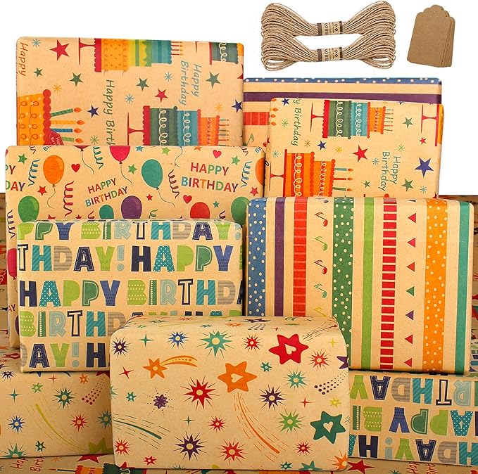Recyclable Gift Wrap Set with Gift Tags & String - Birthday Wrap for Men, Women, Kids (6 Sheets, 28"Lx20"W per Sheet)
