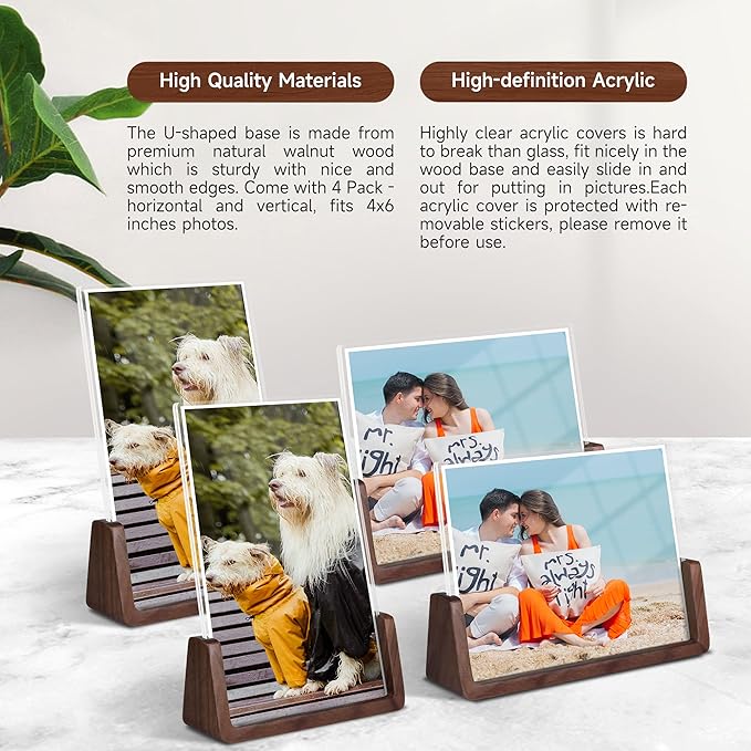 4x6 picture frames, Solid Rustic Wooden Photo Frames with Walnut Wood Base and High Definition Acrylic Glass Covers - 4 Pack for Tabletop or Desktop Display (4x6 inch, 4 Pack)