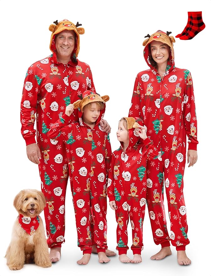 PATPAT Matching Family Christmas Onesie Pajamas – Holiday Hooded Jumpsuit Sleepwear PJs Couples Xmas Loungewear with Socks