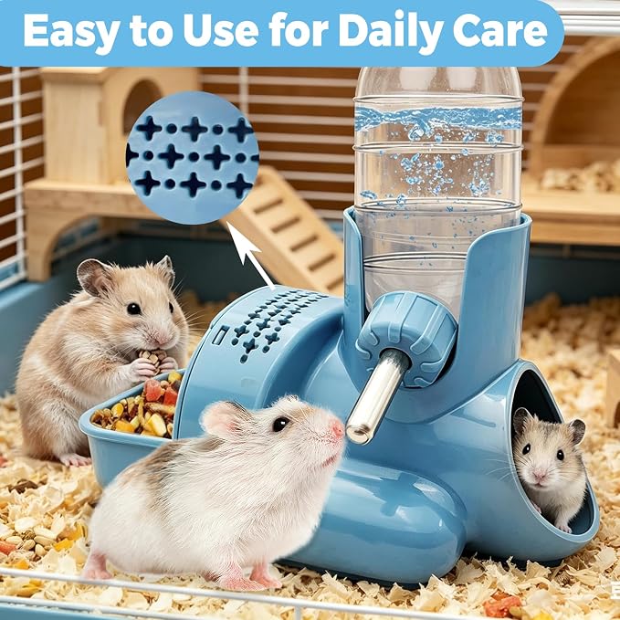 VANNON 3-in-1 Hamster Water Bottle with Food Bowl & Hideout Base, Blue | 3-in-1 feeding station combines water, food and hideout space to help keep hamster cages organized and easy to maintain.