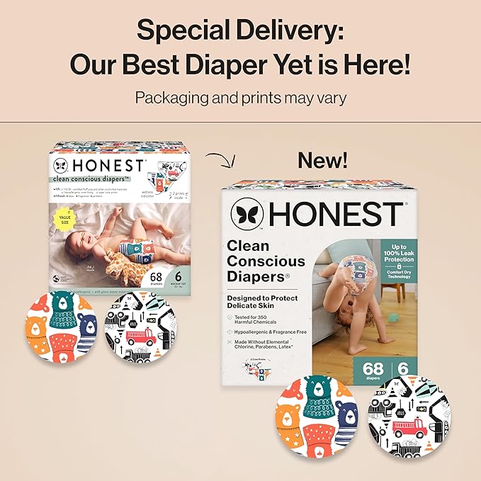 The Honest Company Clean Conscious Diapers for Sensitive Skin Up to 100% Leakproof Hypoallergenic Fragrance-Free Baby Gender Neutral Prints Super Club Box Size 6 (35 lbs) 68 Count