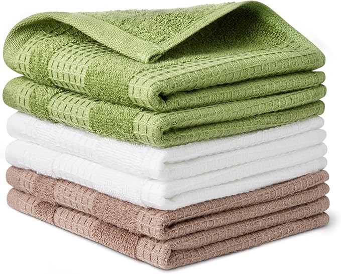 Amazon Basics Organic Cotton Waffle Kitchen Dish Cloths - Ultra Absorbent, Quick Drying, Lint-Free, 12 x 12 inches, 6-Pack (2 Brown, 2 Olive, 2 Navy)