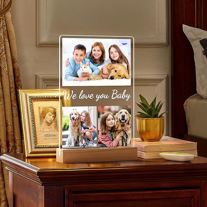 Custom Collage Picture Frames with Photo, Personalized Photo Frame with Night Light, Personalized Picture Frame, Customized Christmas Birthday Gifts for Baby Kids Girls Boys Pet Friends Family