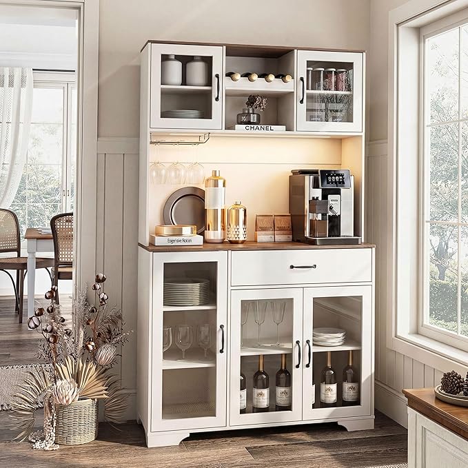 Fatmok 71" Tall Pantry Cabinet, Coffee Bar Storage Cabinet with Charging Station & LED Lights, Kitchen Hutch Food Pantry Cabinet with Wine Rack, Drawer, Adjustable Shelves & Microwave Stand, White