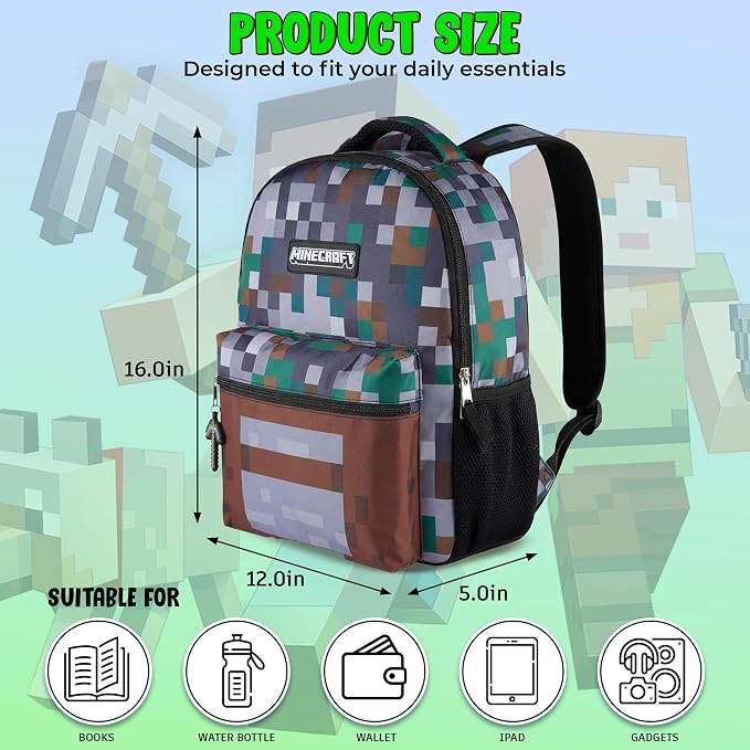 AI ACCESSORY INNOVATIONS Minecraft Backpack for Kids, Pixelated Block Print Design with Adjustable Straps, 16 Inch Rectangular Daypack, 3 Zippered Compartments, Water Repellent Polyester