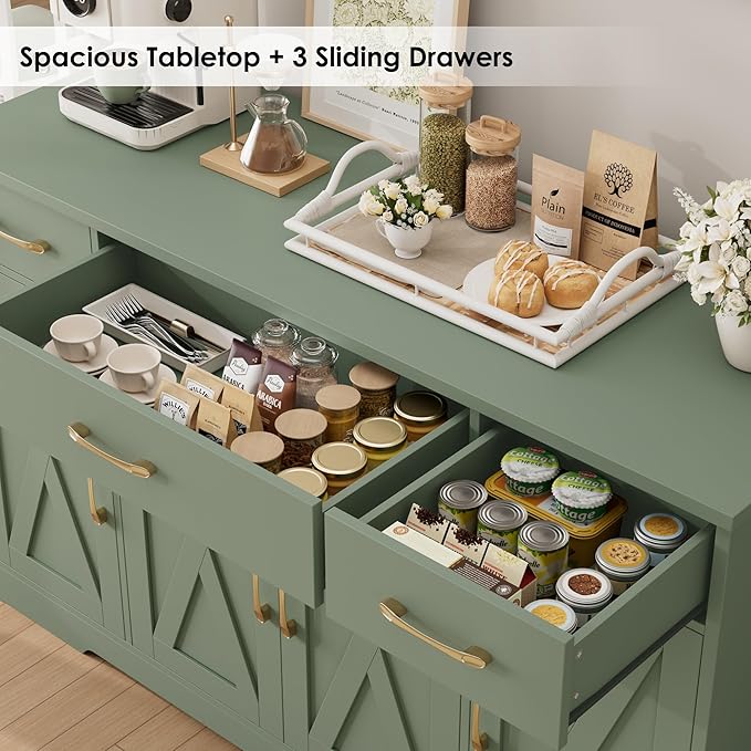 HOSTACK Buffet Sideboard Cabinet with Drawers, 55" Large Buffet Storage Cabinet with Shelves and Doors, Modern Farmhouse Coffee Bar Station for Kitchen, Dining Room, Green