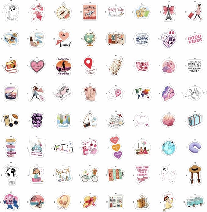 100Pcs Travel Stickers for Girls Luggage, for Water Bottle - Traveling Scrapbook Stickers and Decals - Cute Travel Journaling Decals - Traveling Girly Gifts