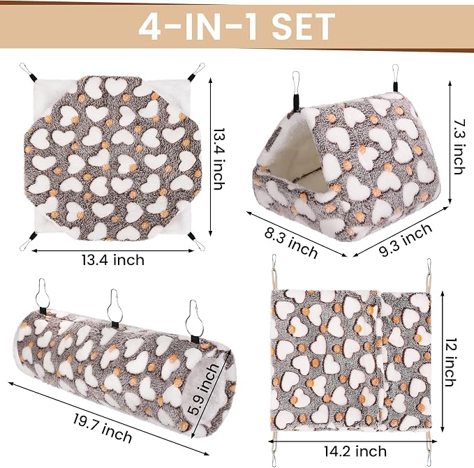 MCEAST 4 Pieces Small Pets Cage Accessories Hanging Hammock Sleeping Bag Tunnel and Bed Hideout Set Warm Sleep Nap Sack Bed for Hamster Ferret Squirrel Rabbit, Coffee Hearts