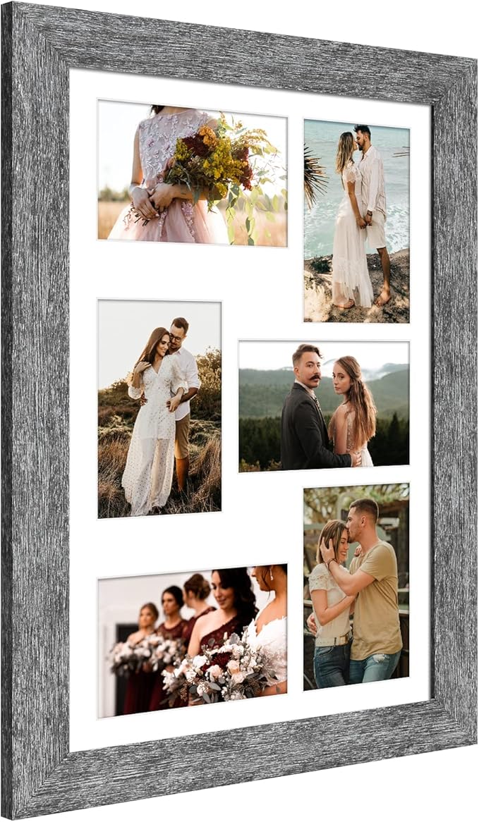 11x17 Picture Frame Display 6 picture frame collage 4x6,Multi Photo Frame with Mat,Plexiglass,Wall Mount Decor,Grey Wood Grain