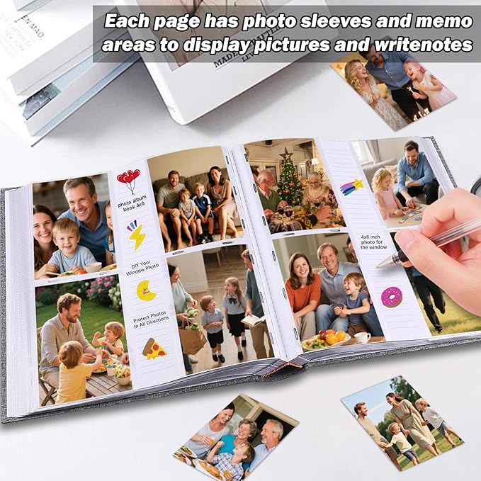 Photo Album 4x6 600 Photos with Writing Space Linen Cover with Front Window Picture Album, 600 Photos 4x6 Photo Album Book for Wedding Kids Travel Family Baby Pictures (Grey)