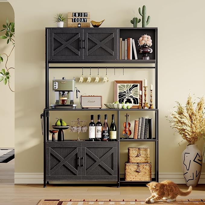 Huuger Large Bakers Rack with Power Outlet, Kitchen Microwave Stand with Cabinets, Coffee Bar Table Station with Storage, 6 S-Shaped Hooks, Mesh Shelves, 45 Inch Wooden Top, Black