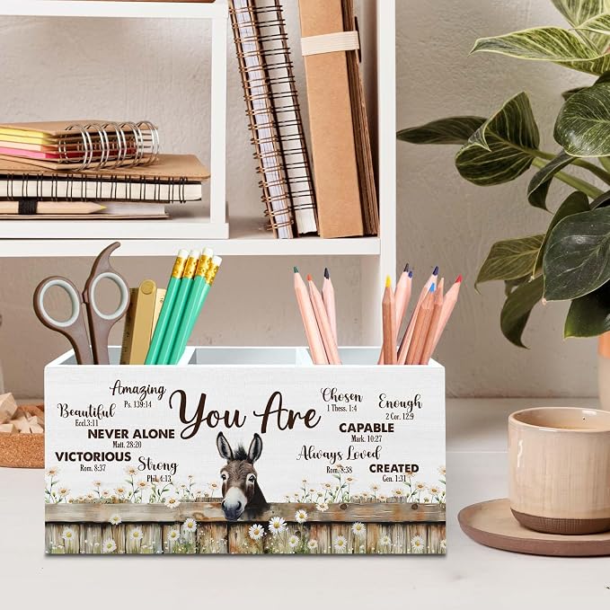 DILSJ Inspirational Donkey Pen Pencil Holder Organizer for Desk, Donkey Gifts for Women, Be Kind Be Brave Decor Wooden Box Signs for Home Office Desk Tabletop Decoration