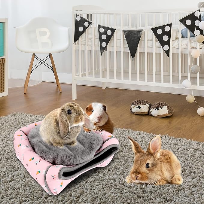 BWOGUE Guinea Pig Bed Large Hide-Out Cozy House Bed for Rabbits Ferret Chinchilla Bearded Dragon Winter Warm Cage Nest Hamster Accessories Cute Bunny and Carrot Pattern | Removable Cushion for Cleaning, Warm Fleece Nest, Washable Bed, 10.6 x 10.6x 11 i...