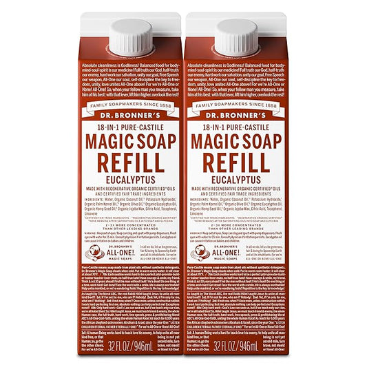 Dr. Bronner's Magic Soap-Pure-Castile Liquid Refill (Eucalyptus, 32 ounce, 2-Pack) - Regenerative Organic Certified Oils, For Body, Hair, Laundry, Pets & Dishes, Concentrated, Vegan, Non-GMO