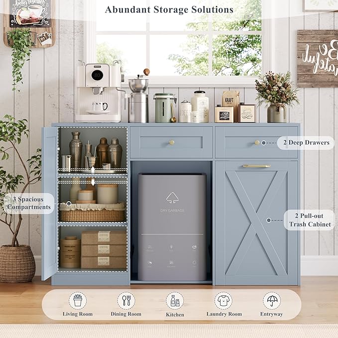 HOSTACK 12.5 Gallon Kitchen Trash Cabinet, 47" Double Trash Can Cabinet, Large Pull Out Can Storage Drawers, Wood Farmhouse Hidden Garbage Storage Buffet for Kitchen, Dining Room, Blue