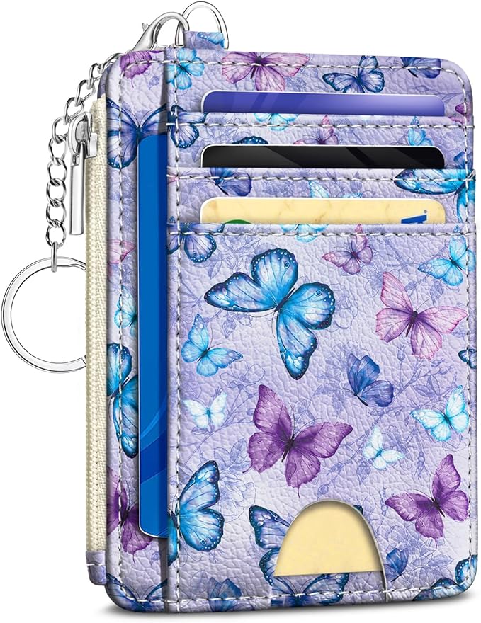 Kelvoris Credit Card Holder Small Wallet Women, Slim RFID, Butterfly | Keychain, Zipper Coin Pocket, Front Pocket Thin Travel Card Case, Minimalist, 6 Card Slots, 1 ID Window, Ladies Gifts Woman