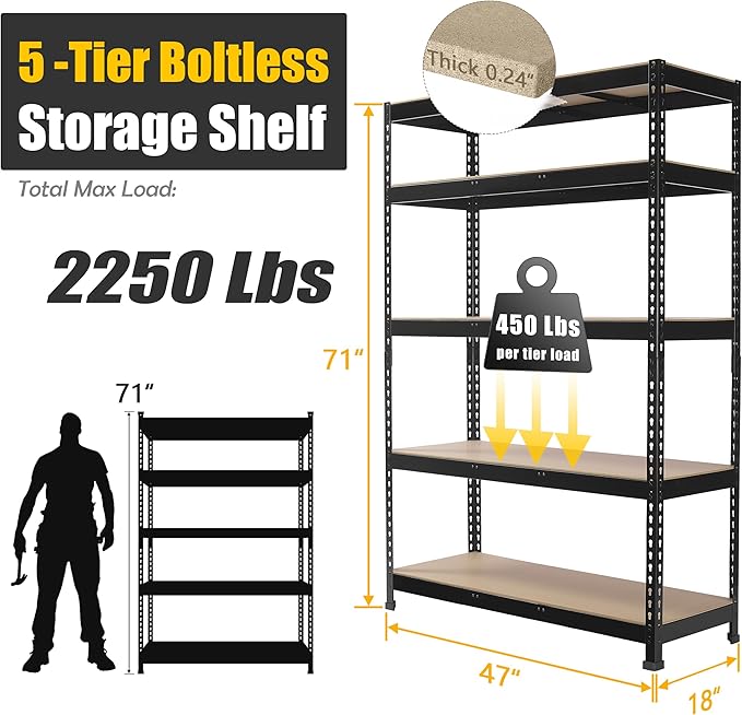 PrimeZone 2 Pack Heavy Duty Storage Shelves - 47"W x 18"D x 71"H 5 Tier Adjustable Garage Storage Shelving, Metal Utility Rack Organizer Shelf Unit for Warehouse Pantry Closet Kitchen Basement, Black